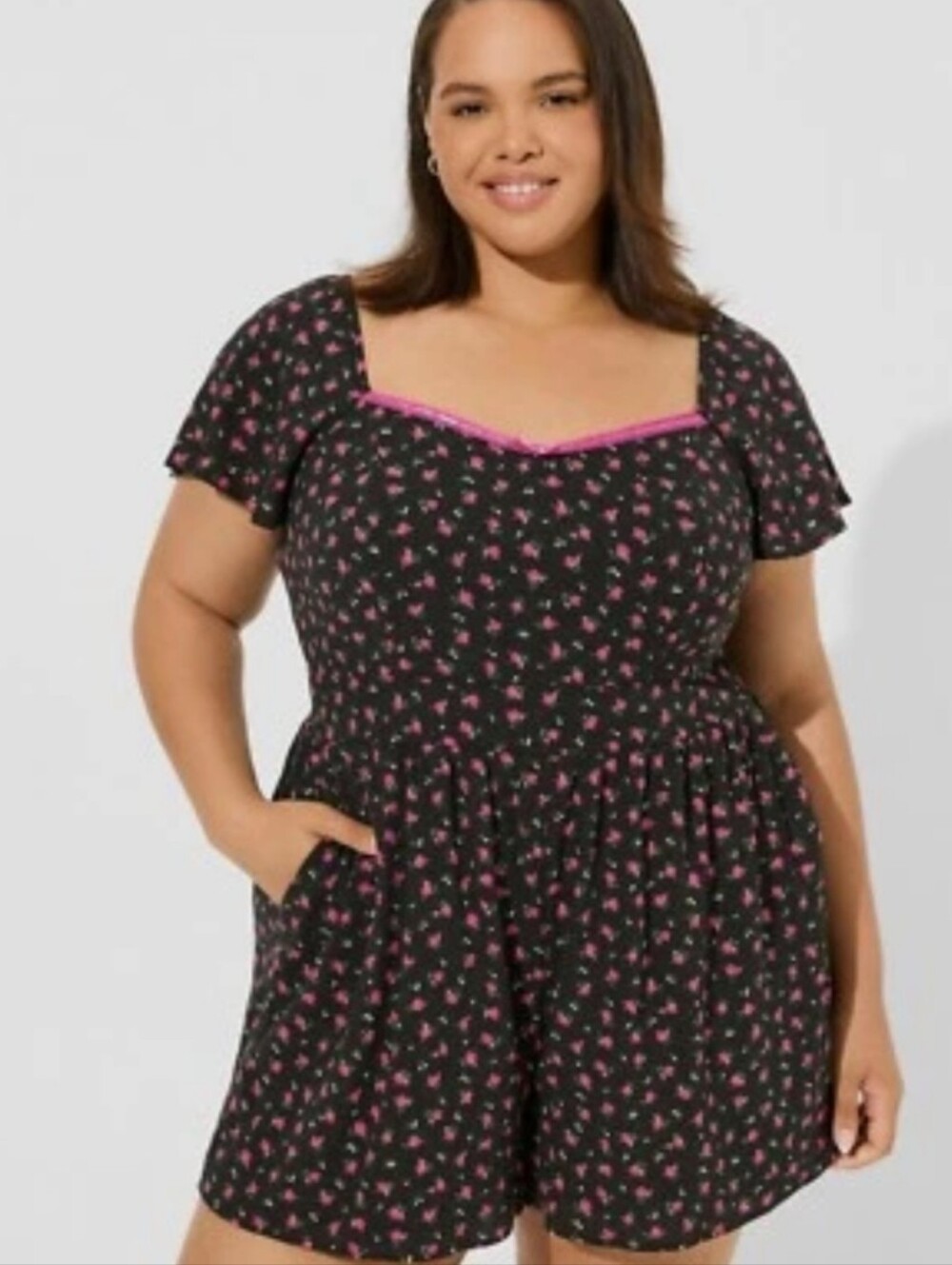 Betsey Johnson Black Romper with Hot Pink Floral Print - Picture 2 of 7